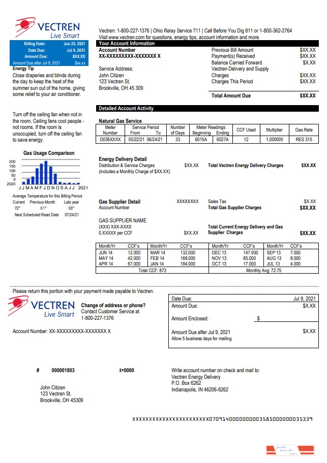 USA Ohio Vectren Energy utility bill template in Word and PDF format